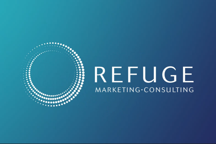 REFUGE Marketing & Consulting logo in white on blue background